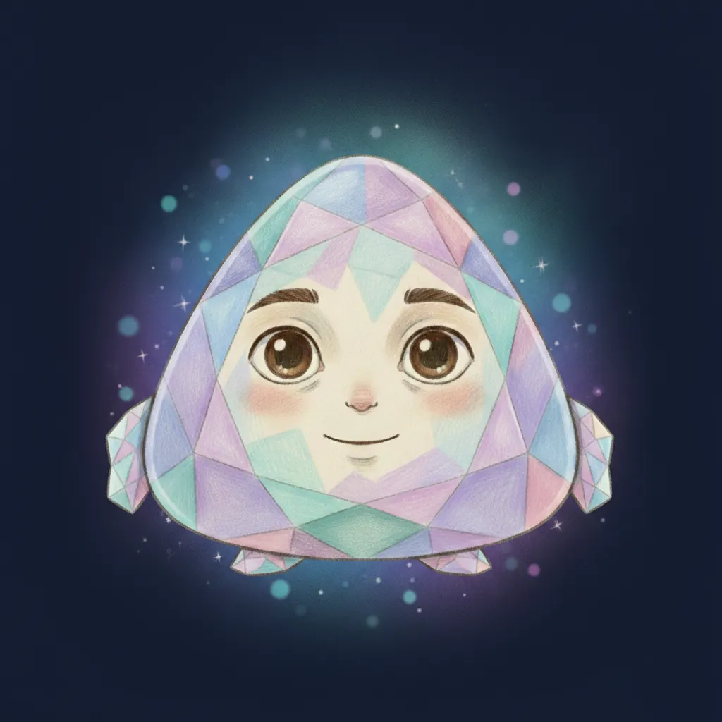 Opal avatar: a faceted iridescent gem character with a warm smiling face, glowing in blue, violet, pink and teal over a deep navy background