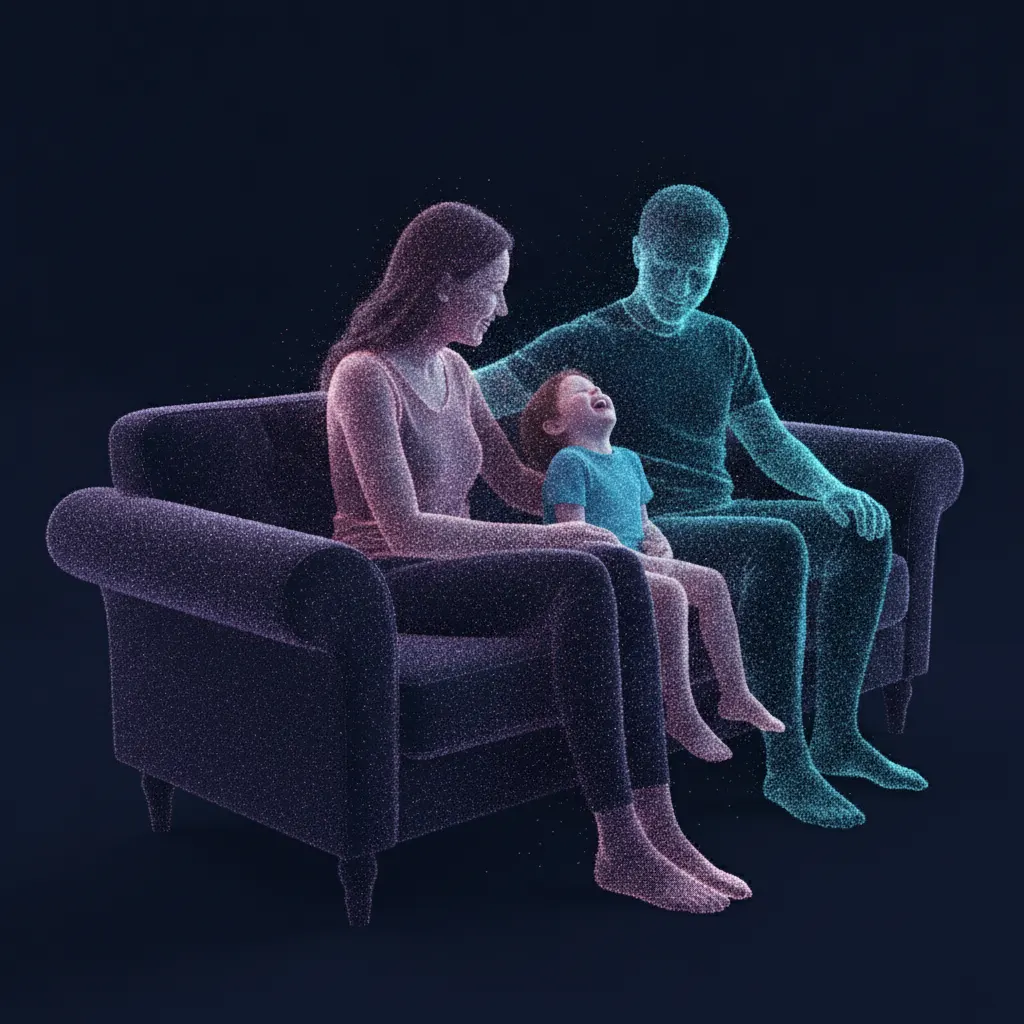 A family sharing a warm moment on a couch, captured as a 3D Gaussian splatting point cloud in iridescent pink, blue and teal light